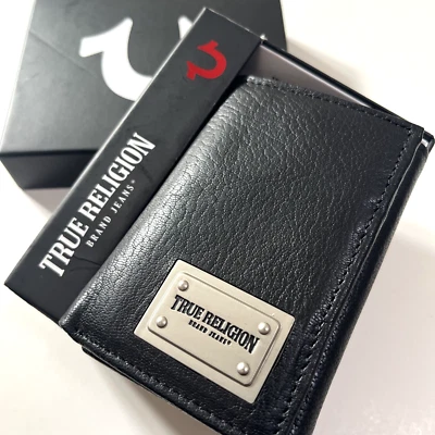 TRUE RELIGION Cartera Triple de Cuero Negro RFID en Caja Regalo Metal Logo Nuevo con Etiquetas Corto Foto 1 de 4