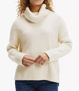 CALVIN KLEIN Wool-Blend Ribbed Roll Neck Jumper, Cream - SMALL/ MEDIUM RRP£200 - Picture 1 of 12