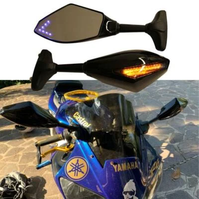 For Yamaha YZF600R FZ6R R6 R1 Motorcycle Mirrors With Blue LED Turn Signal Light - Image 1 of 4