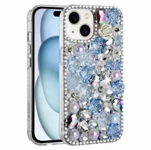 For iPhone 14 Plus Luxury 3D Diamond Gem Pearl Rhinestone Case Blue Color - Picture 1 of 7