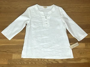 Weiße Leinen Tunika Top Schlitz V-Ausschnitt Knoten Schleife vorne Boho Bauer Damen M Neu mit Etikett - Bild 1 von 6