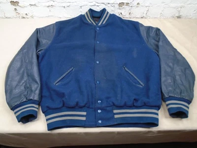 Chaqueta de Colección Años 90 Holloway Lana Cuero Bombardero Universitario Botón a Presión Azul Negro XL Foto 1 de 4