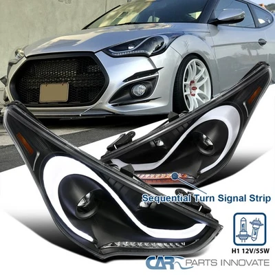 Black Fits 2012-2017 Hyundai Veloster Projector Headlights LED Sequential Signal Foto 1 de 4