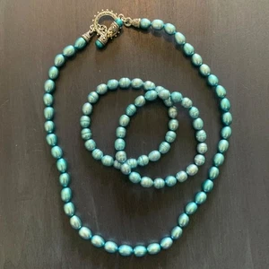 Conjunto de pulsera collar de perlas azules Barbara Bixby plata de ley oro de 18 quilates Estate - Imagen 1 de 9