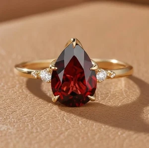 Granatring 2 kt Birnenschliff Lab Created Braut Ehering 14 K Gelbgold vergoldet - Bild 1 von 4