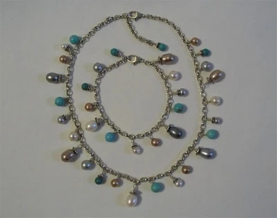 GORGEOUS STERLING SILVER~TURQUOISE & MULTI COLOR PEARL~NECKLACE & BRACELET SET - Image 1 of 4
