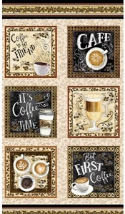 Feline Drive Fabric FOR THE LOVE OF COFFEE Block Panel Sold by the Panel - Picture 1 of 5