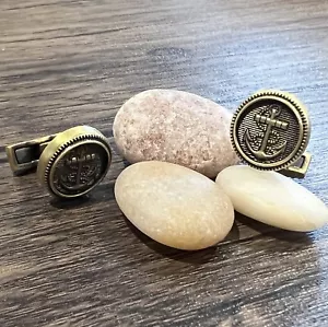 Brushed Brass Tone Round Anchor Design Men Cufflinks In Box Father’s Day Bir GIF - Picture 1 of 8