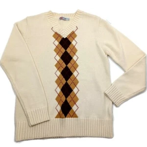 Bailisen Vintage Sweater Kids Large Cream Argyle V-Neck Long Sleeve *SMALL SPOT* - Picture 1 of 13