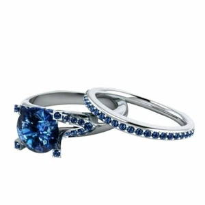 2 Ct Round Cut Simulated Sapphire Wedding Bridal Ring Set 14K White Gold Plated - Picture 1 of 3