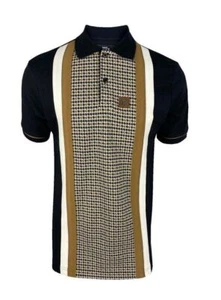 Mens Trojan Panel Stripe Dog Tooth / Hounds Tooth Polo Shirt 8719 - Black - Picture 1 of 2