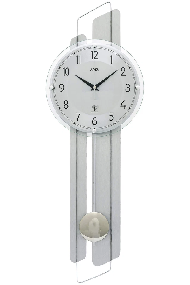 AMS -Pendeluhr Silber Funkuhrwerk 66cm- 5330 Moderne Wanduhr mit Funkwerk, Funku - Bild 1 von 1