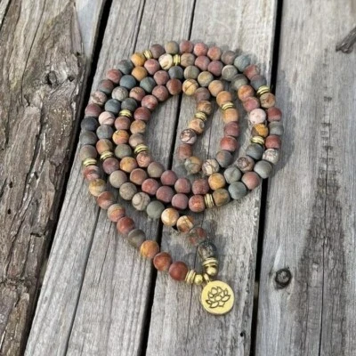 108 Mala Beads Picasso Jasper Bracelet Healing Meditation Prayer Necklace Gift - Image 1 of 3
