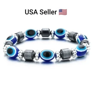 Blue Evil Eye Beaded Fatima Hand Bracelet Lucky Hematite Adjustable Bracelets  - Picture 1 of 6