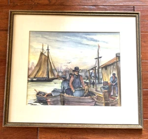 Vintage nautische Meereslandschaft signiert Warshow Aquarell Gemälde Segelboote Hafen Dock - Bild 1 von 14