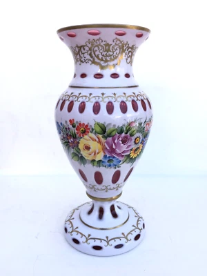 Lt 19th c.  Bohemian Hand Painted Baluster Vase White to Cranberry Cased Glass - Image 1 of 4
