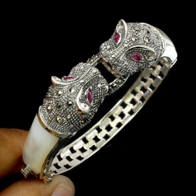 Silver Bangle Ruby Mother of Pearl Marcasite Genuine Gems Solid Sterling - Image 1 of 4