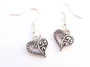 FILIGREE HEART DROP / DANGLE EARRINGS -Handmade- 925 Sterling Silver Hooks- Gift - Foto 1 di 8