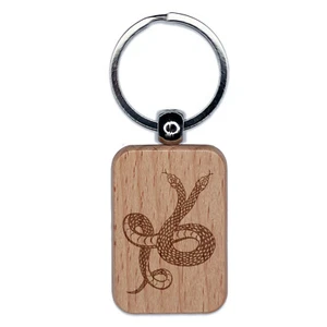 Two Headed Snake Serpent Engraved Wood Rectangle Keychain Tag Charm - Picture 1 of 6