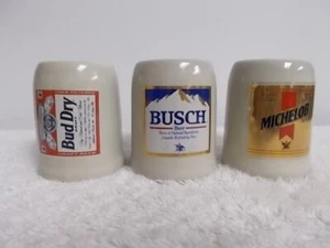 3 Vtg Miniature Small 2 1/2" Ceramic Beer Mugs Steins Busch Bud Dry Michelob - Picture 1 of 9