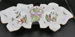 Herend Porcelain Rothschild Bird 18" Double Leaf Shaped Dish w/Handle 7511/RO - Picture 1 of 12