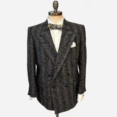 80s Vintage Atomic Fleck Salt & Pepper Wool Men's Suit Coat Size 46 Union Made - Image 1 of 4