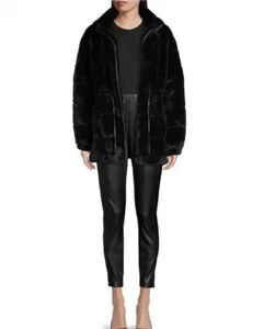 $ 345 NEU Elie Tahari L schwarz weich luxuriös Cinch Taille Kunstfell Jacke Mantel - Bild 1 von 5