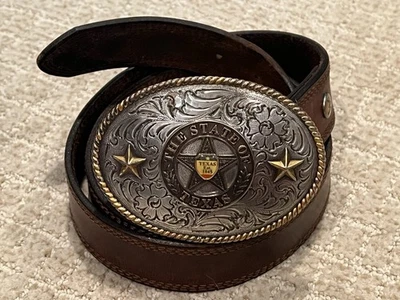 Vintage NOCONA Silver & Gold STATE of TEXAS Western Buckle Leather Belt Sz 35 - Image 1 of 4