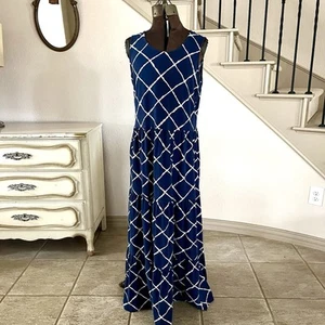 Lands End ärmelloses Maxikleid Gr. M Stufen dunkelblau geometrisch Coastal Stretch - Bild 1 von 8