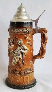 Vintage West Germany rostorange Keramik Deckel Bier Stein Krug 11,5" Hochrelief - Bild 1 von 20