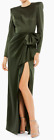 Mac Duggal IEENA Satin Power Shoulder Gown Size: 6 Olive Green Long Sleeve