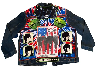 The Beatles Denim Jacket Men's 3XL Upcycled T-Shirt Patchwork Retro Hippie Music - Image 1 of 4