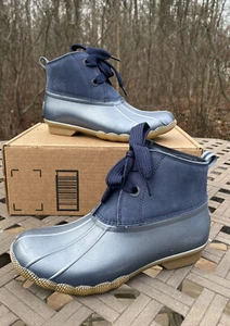 SPERRY SALTWATER 2-EYE NUBUCK 8.5 Women's Duck Boot Blue Rain Suede Preppy - Picture 1 of 8