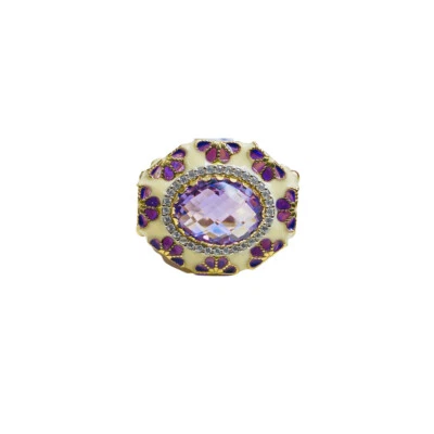 14k Gold Italian Hand-painted Purple Florals Enamel Gold Ring with Alexandrite - Image 1 of 4