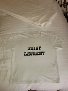 $595 YSL YVES SAINT LAURENT Women Logo White T-Shirt S M