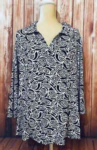 Women’s 3X Blouse International Concepts 3/4 Sleeves Black White Collared V Neck - Picture 1 of 10