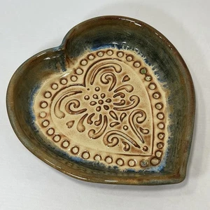 Studio Art Pottery Heart Shaped Dish Signed D Buco 2011 Green Blue Brown Glazed - Picture 1 of 12