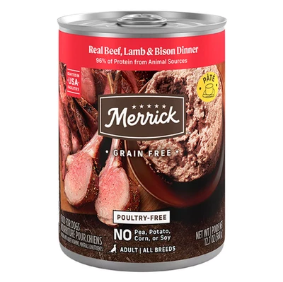 Merrick Adult Grain-Free Beef, Lamb & Bison Dinner Wet Dog Food, 12.7 oz. 12 Can