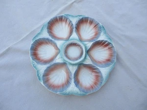 ANTIQUE FRENCH SARREGUEMINES SIGNED MAJOLICA OYSTER PLATE CORAL GREEN BROWN N°1 - Picture 1 of 11