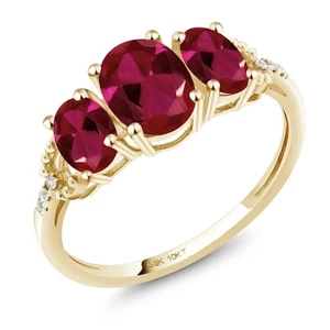 10K Yellow Gold  Created Ruby and Diamond Engagement 3-Stone Ring | 2.02 Cttw | - Picture 1 of 4