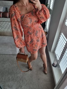 Nasty Gal parsley orange puff sleeve trendy summer mini dress size uk 12 M /L - Picture 1 of 11