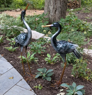 Set of 2 Crane Garden Statues Bird Figurines Sculptures Metal Lawn Yard Art - Image 1 of 4