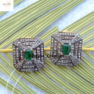 Pave Diamond Stud Earrings Emerald Gemstone Gold Plated 925 Silver Jewelry Gift - Picture 1 of 4