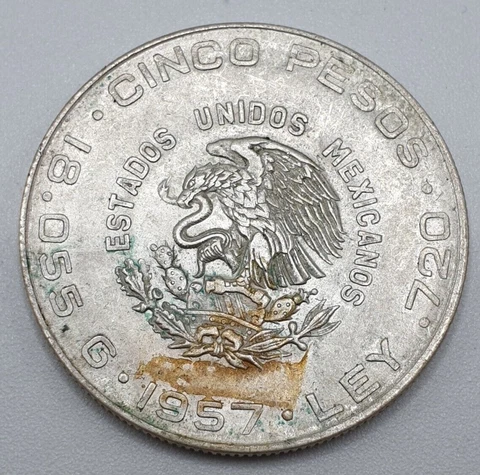 1957 Mexico 5 Pesos Silver Coin - KM# 469 - VF - # 25229 Cover