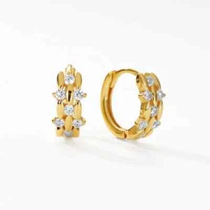 9ct Yellow Gold on Silver flower CZ 11.5mm Huggie Hoop Ladies Earrings - Picture 1 of 5