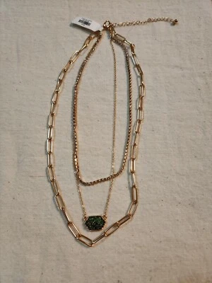 GOLD PLATED 3 CHAINS DRUSY BLUE GREEN STONE NECKLACE.  PAPER CLIP CHAIN. PRETTY - Image 1 of 4