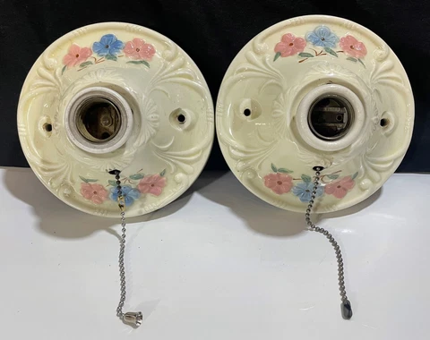 Vtg Porcelain Ceiling Light Fixtures Art Deco Wall Sconce Pair Cottage Pink Rose Cover