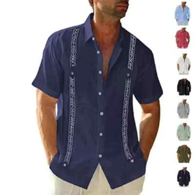 Men's Guayabera Cuban Beach Wedding Button-Up Casual Short Sleeve Dress Shirt - Image 1 of 4