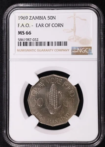 1969 Zambia 50 Ngwee F.A.O. Ear of Corn CuNi Copper-Nickel Coin NGC MS 66 - Picture 1 of 2