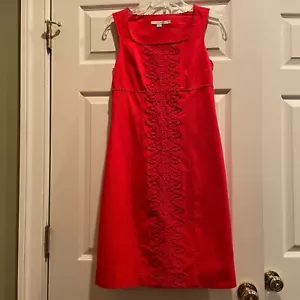 BODEN 100% Cotton Bright Coral Pink Sleeveless Square Neck Shift Dress Lace Sz 4 - Picture 1 of 11